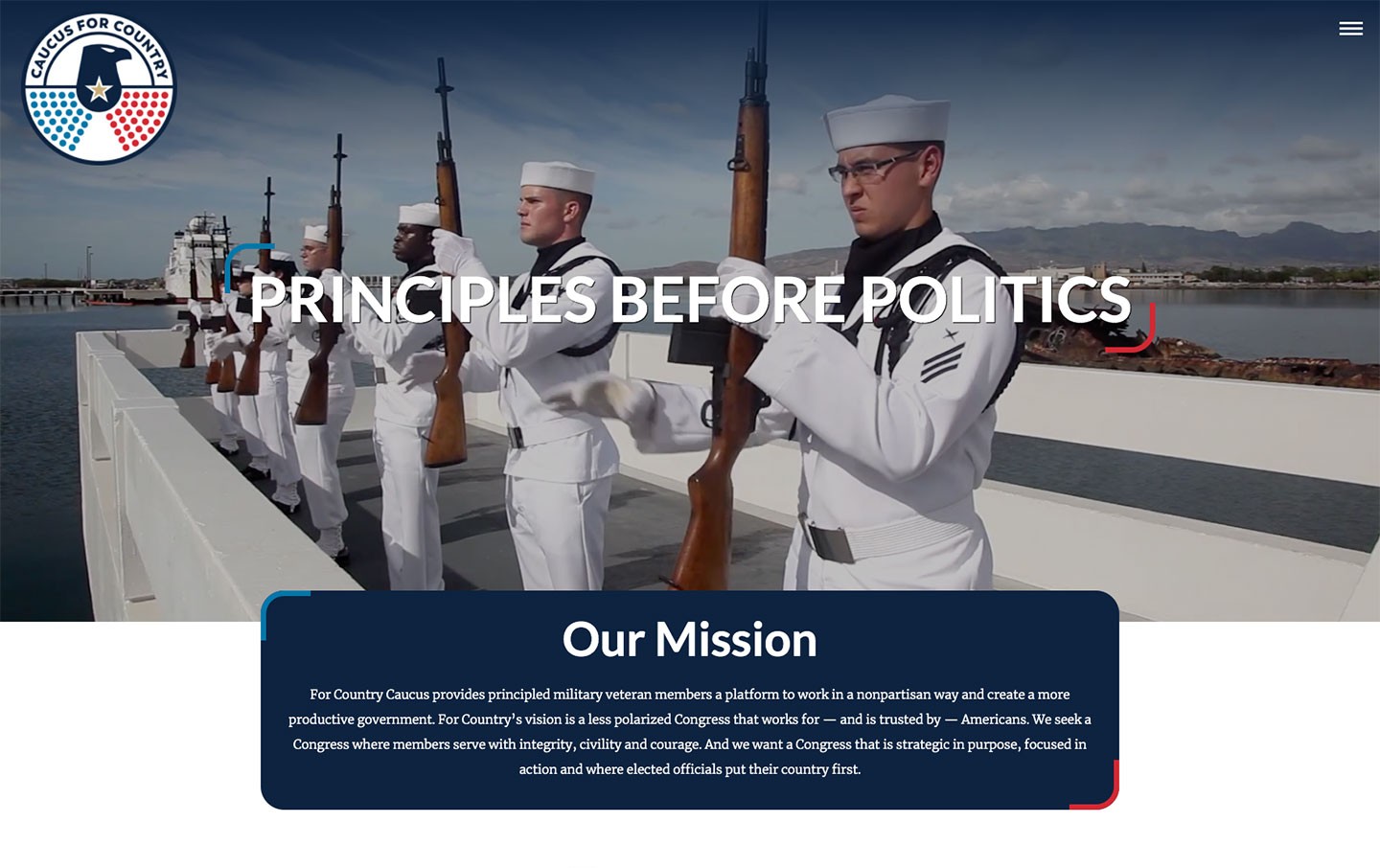 For Country Caucus top of the page. A background video of stock footage of servicemen with the text 'Principles Before Politics' and 'Our Mission' shown.