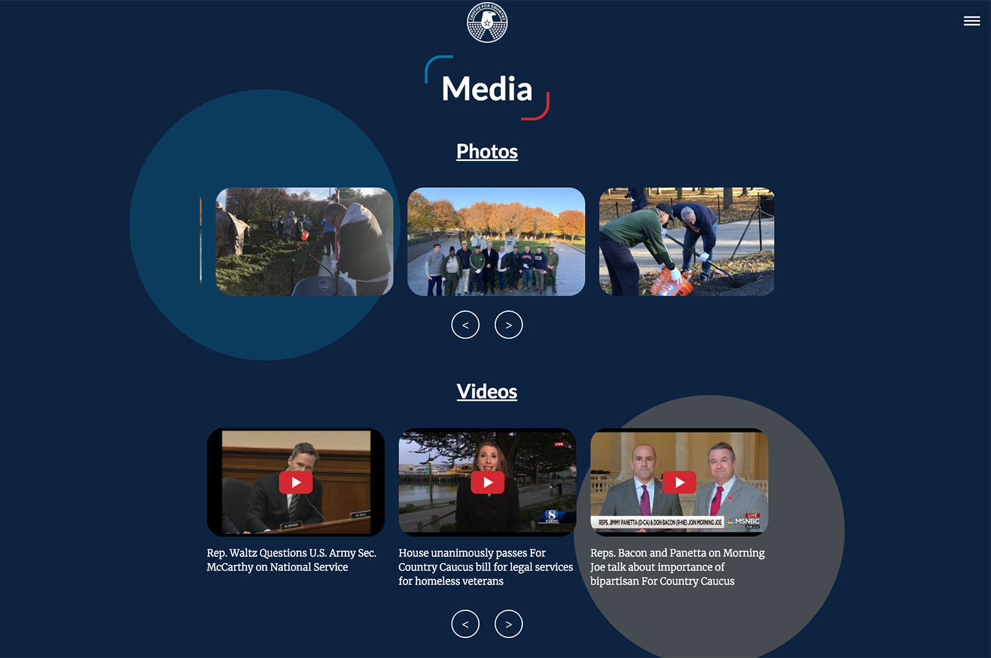 For Country Caucus page media section. A carousel of three photos and then below that another carousel of three videos.