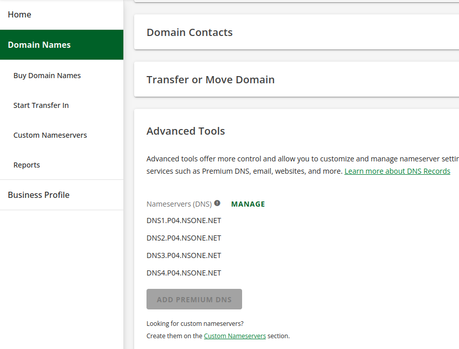 Screenshot of Network Solutions website domain names advanced tools tab