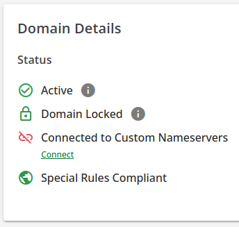 Screenshot of Network Solutions Domain Details with a red icon next to "Connected to Custom Nameservers"