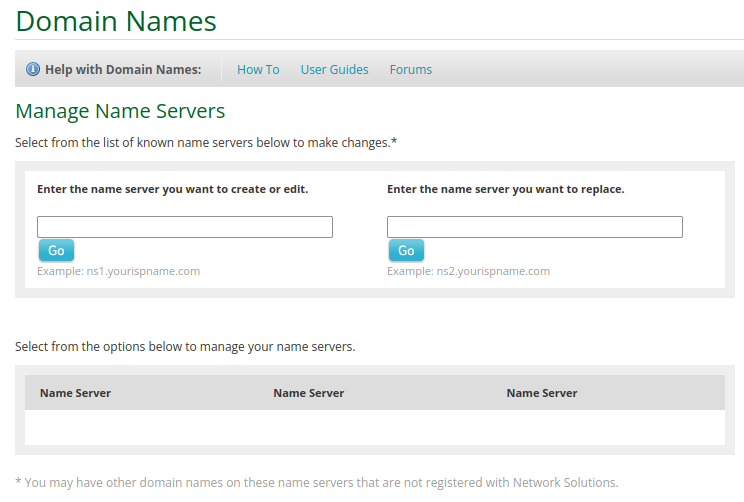Screenshot of network Solutions custom nameservers page