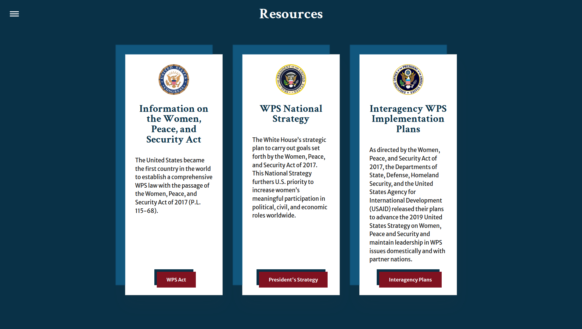 Women, Peace, and Security Caucus page resources section. Three cards with a seal, heading, text, and a call to action button.