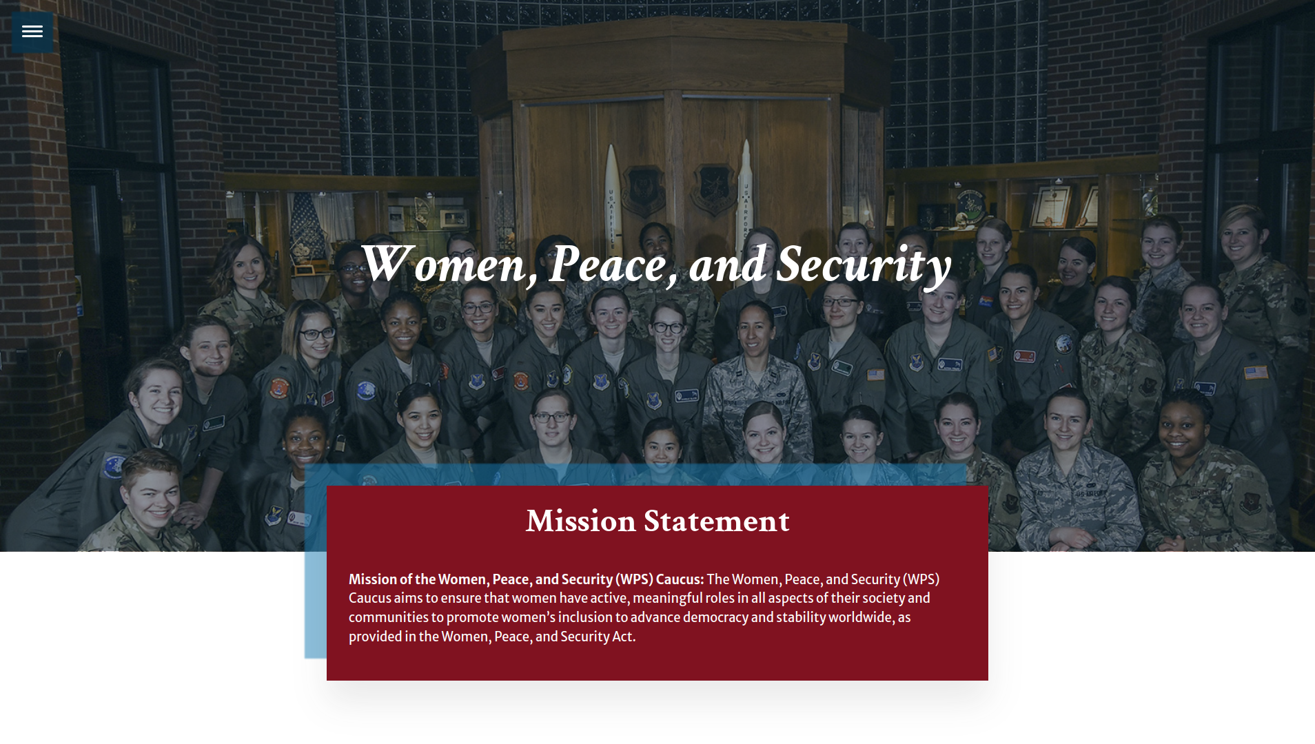 Women, Peace, and Security Caucus top of the page. A picture of women in uniform with the text Women, Peace, and Security on top and below that is a mission statement.